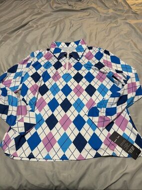 Long Sleeve Argyle Zip Polo Top - Blue / Purple